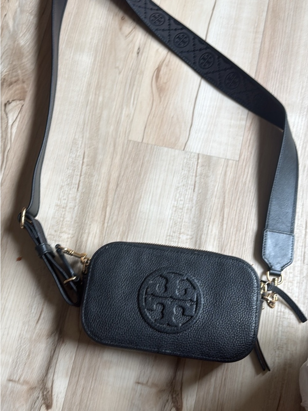 Tory Burch Black Pebbled Leather Logo Crossbody Bag